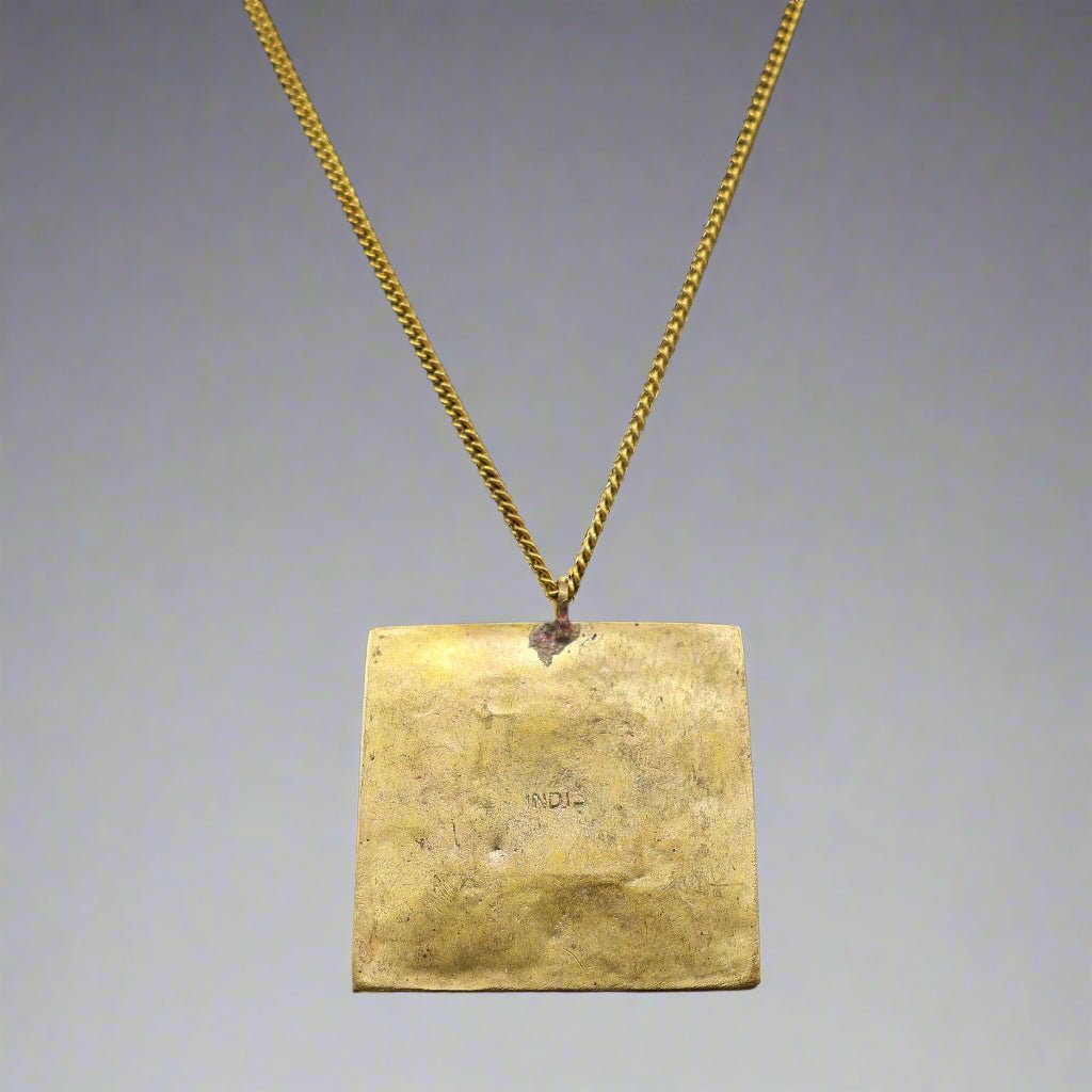 Vintage Square Pendant Necklace with Turquoise Inlay - Apparel & Accessories > Jewelry > Necklaces - Bellbazaar.com - AJ - NECK - BRASS - SQUARE - TURQ - V01