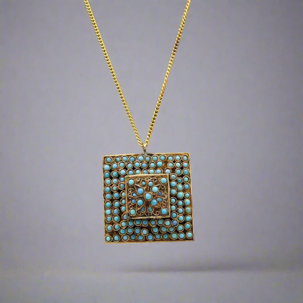 Vintage Square Pendant Necklace with Turquoise Inlay - Apparel & Accessories > Jewelry > Necklaces - Bellbazaar.com - AJ - NECK - BRASS - SQUARE - TURQ - V01