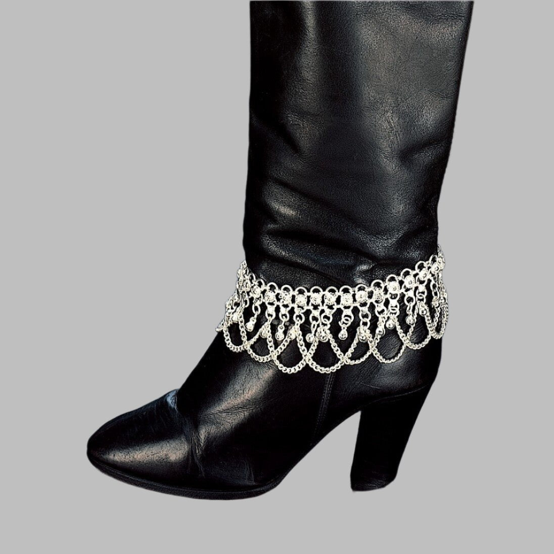 Vintage White Metal Boot Style Anklet with Bell Charms & Chain Links - Bold & Eye - catching Design - Apparel & Accessories > Jewelry > Anklets - Bellbazaar.com - JW194