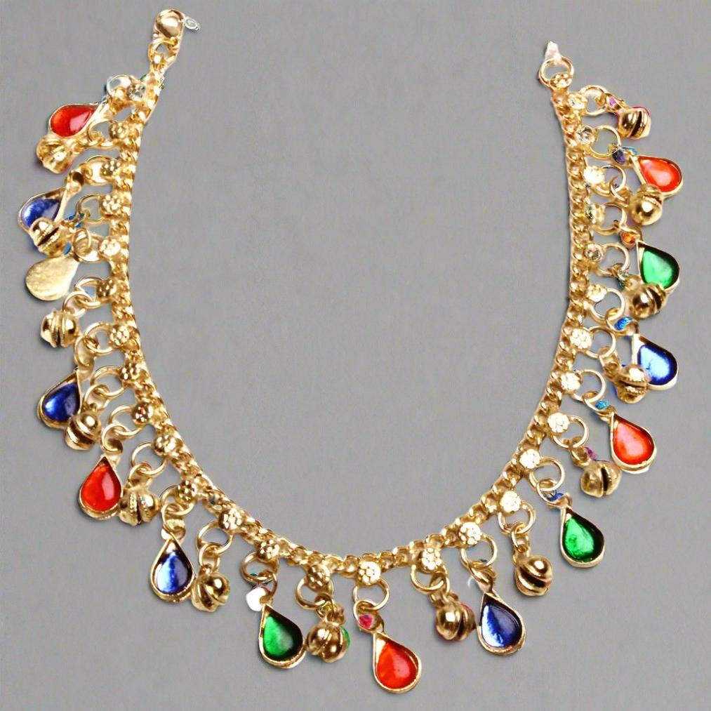 White Metal Anklet with Multi-Color Beads - Vibrant & Playful Design