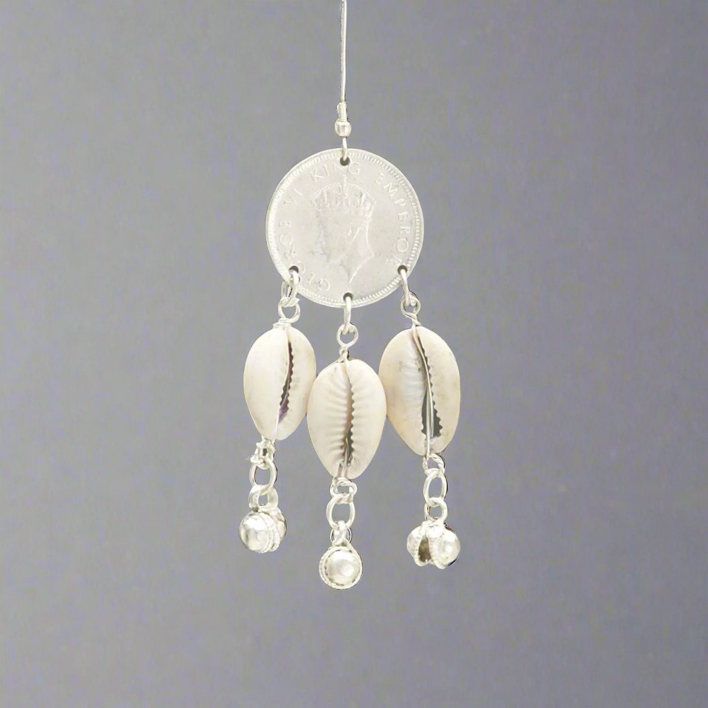 White Metal Cowrie Shell Earrings with Coin and Bell Drops - Apparel & Accessories > Jewelry > Earrings - Bellbazaar.com - JW177