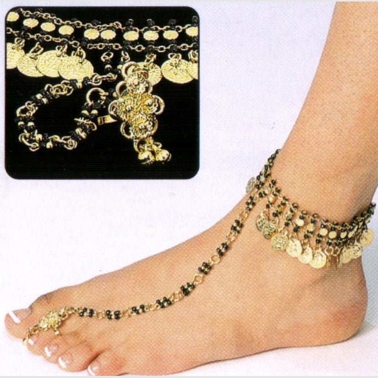 White Metal Foot Bracelet with Black Beads, Coin Charms & Single Ring - Unique & Chic Accessory - Apparel & Accessories