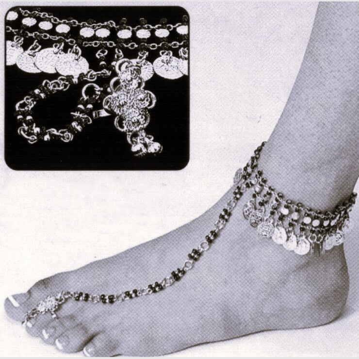 White Metal Foot Bracelet with Black Beads, Coin Charms & Single Ring - Unique & Chic Accessory - Apparel & Accessories > Jewelry > Bracelets - Bellbazaar.com - JW162