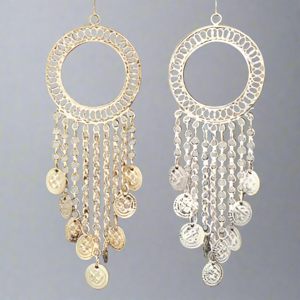 White Metal Hoop Earrings with Hanging Coins - Distinctive & Chic Design - Apparel & Accessories > Jewelry > Earrings