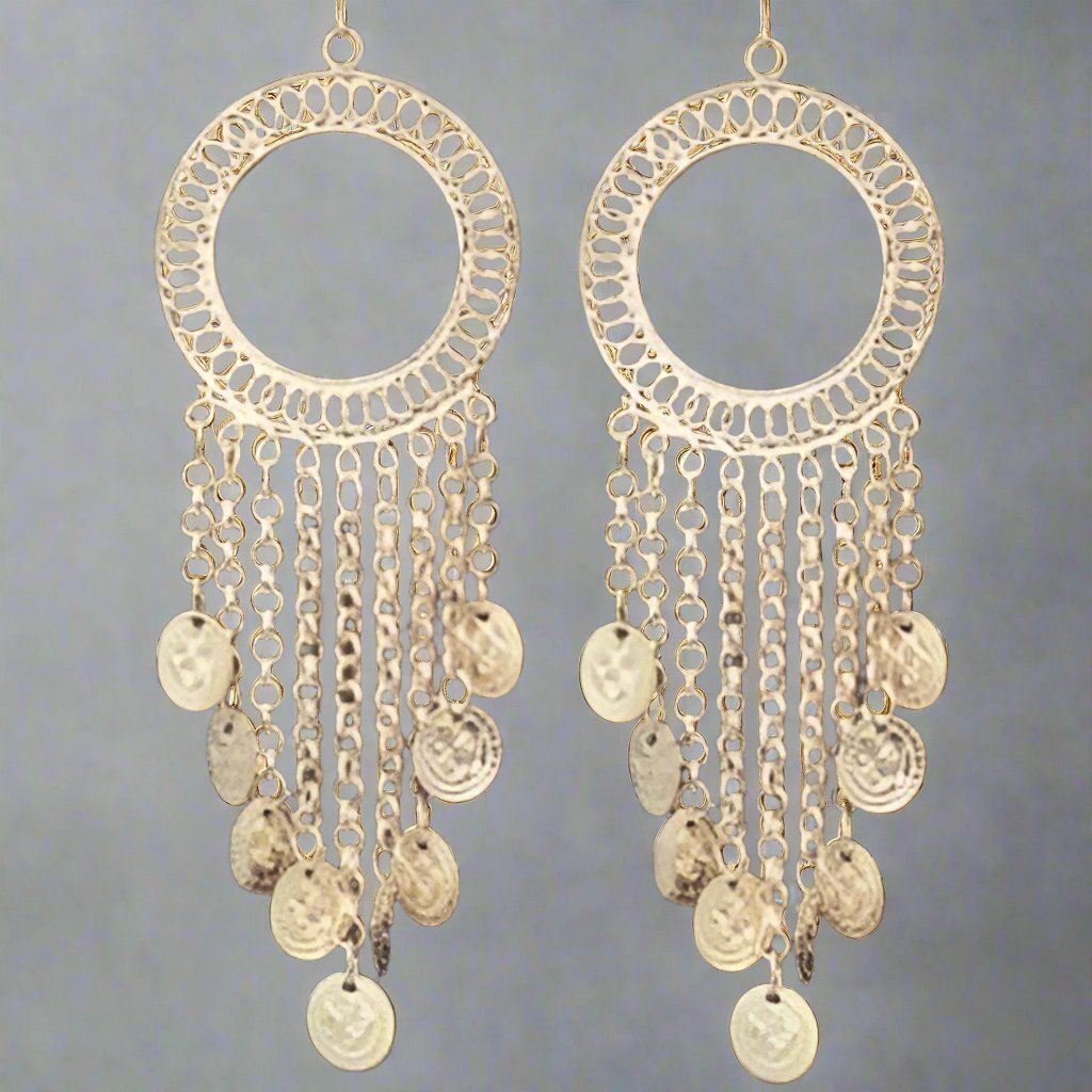 White Metal Hoop Earrings with Hanging Coins - Distinctive & Chic Design - Apparel & Accessories > Jewelry > Earrings