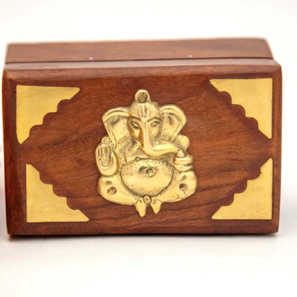 Wood Box with Brass Ganesha - Household Storage Containers - Bellbazaar.com - WB433 - GA