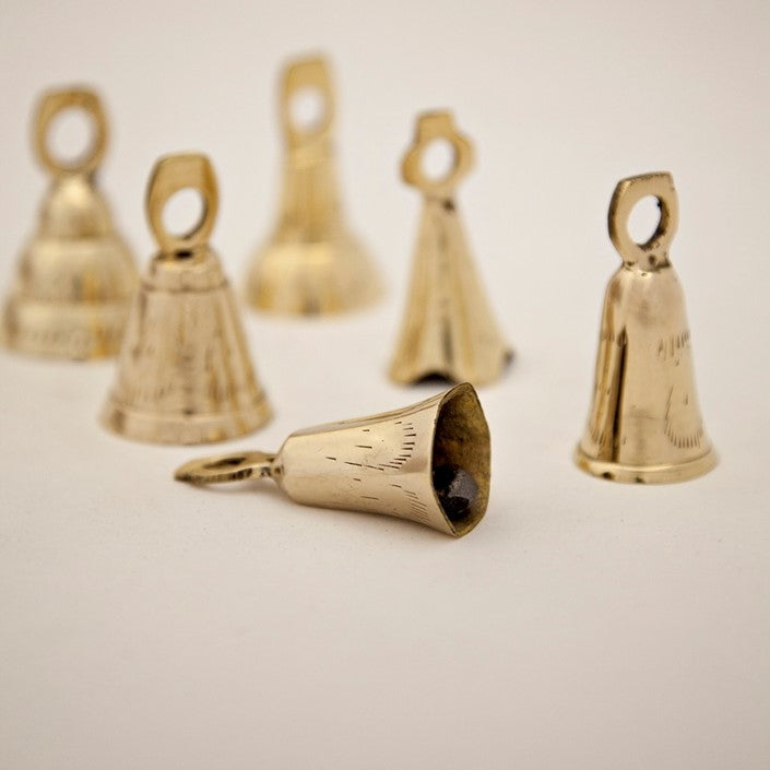 Bellbazaar 2.5" assorted brass bells. Set of six unique designs.  Home decor statement piece in brass finish