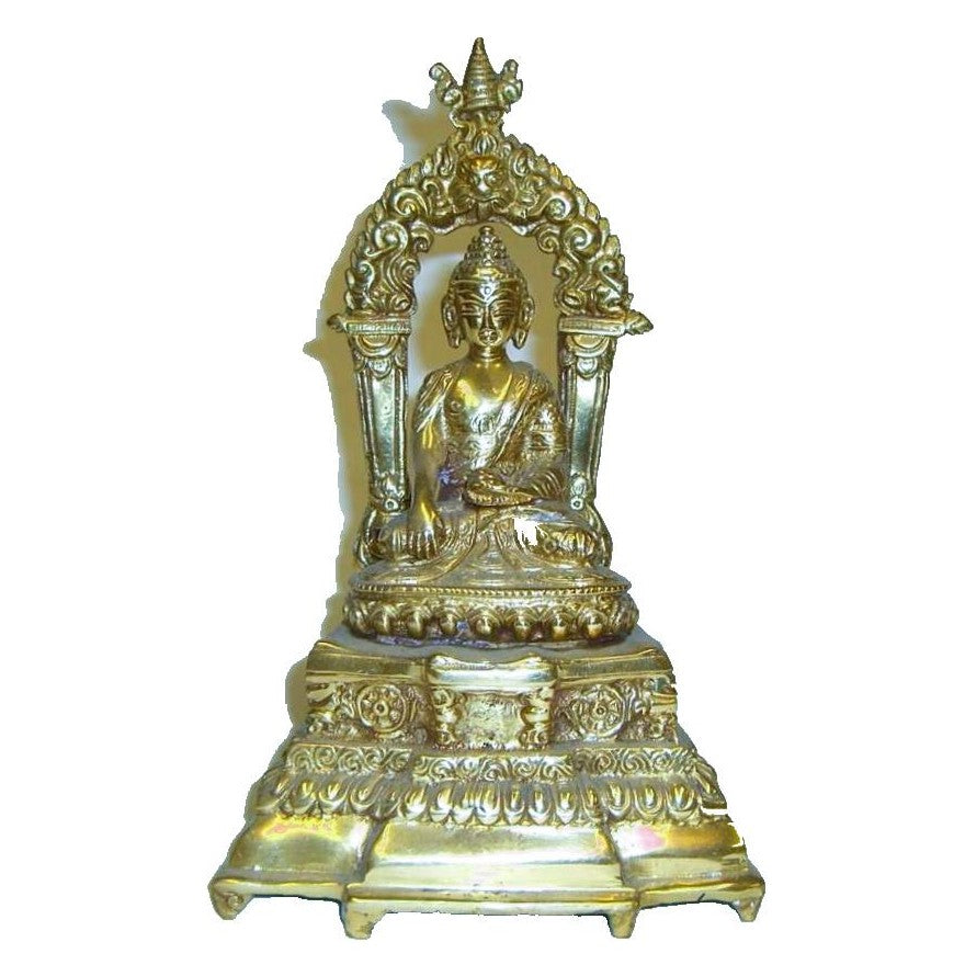 Brass Statue Sitting Buddha Under Arch on Stand