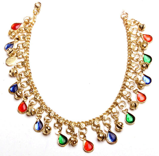 White Metal Anklet with Multi-Color Beads - Vibrant & Playful Design