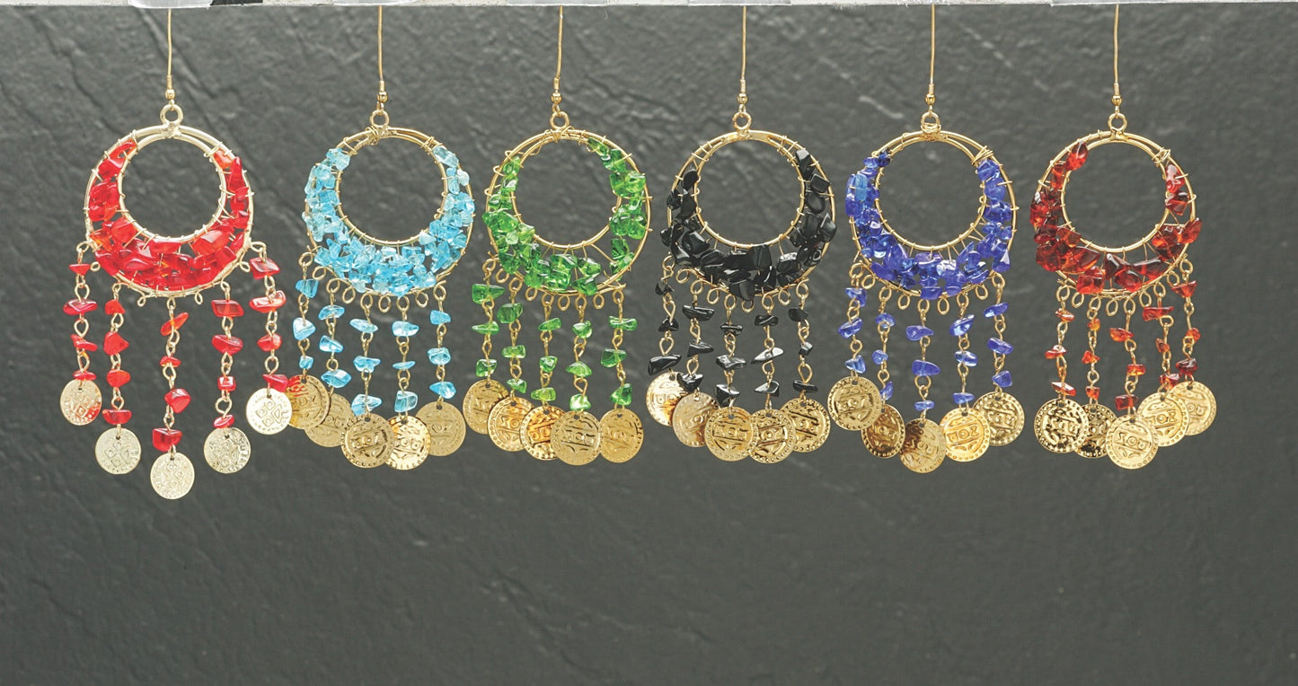 Stylish Double Hoop Metal Earrings with Rough-Cut Colored Beads & Dangling Coin Accents - Eclectic & Chic Design