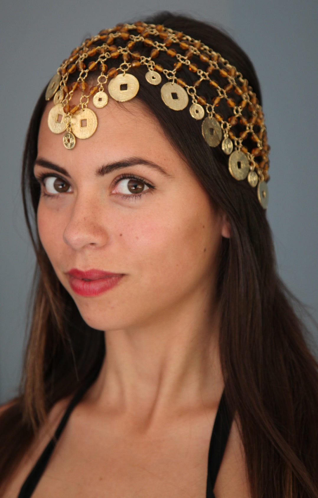 Headpiece with Gold Coins and Amber Beads