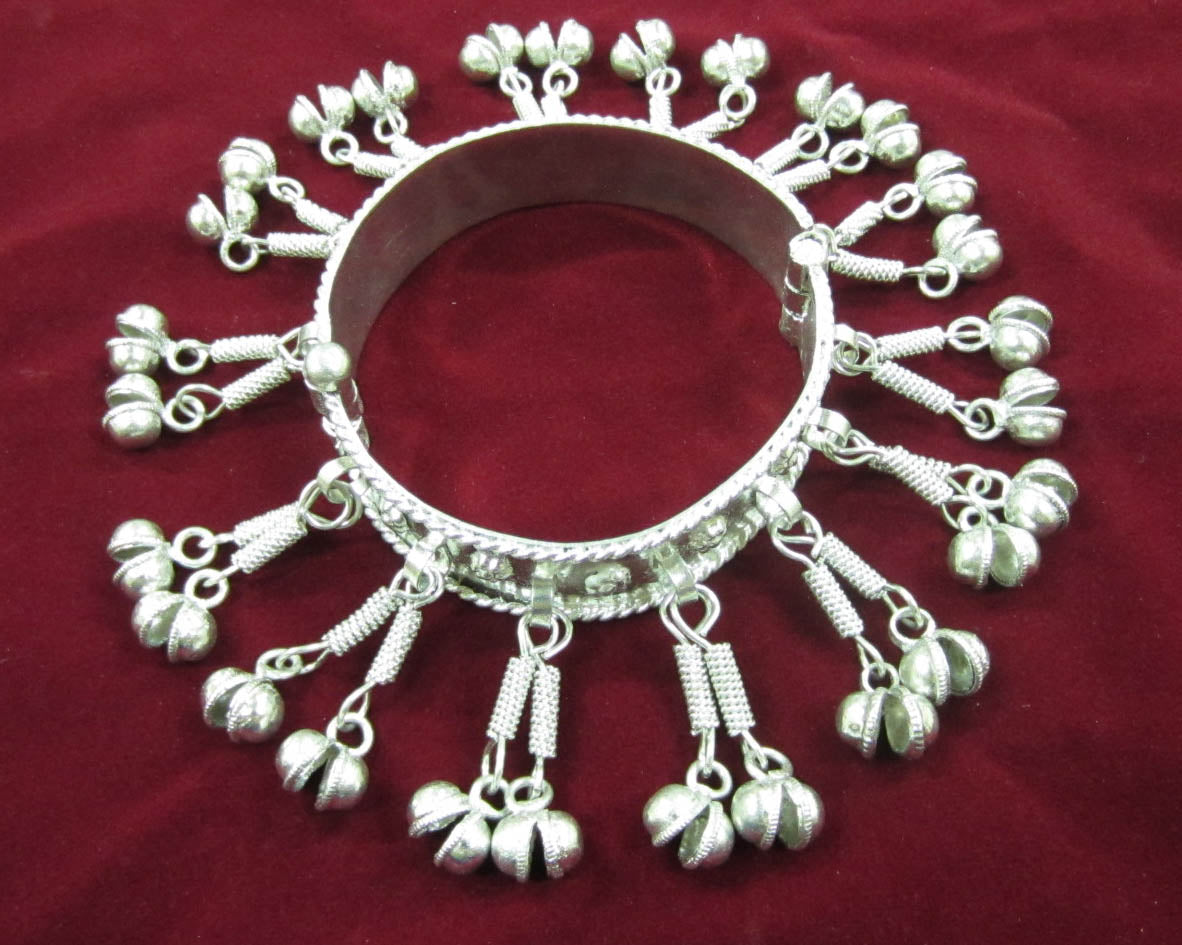 White Metal Cuff Bracelet with Hanging Bells - Unique & Captivating Accessory