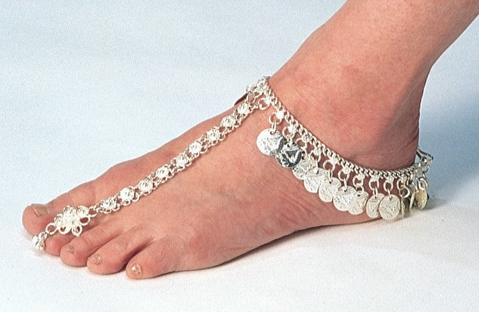White Metal Single-Ring Foot Bracelet with Coins - Stylish & Trendy Statement Piece