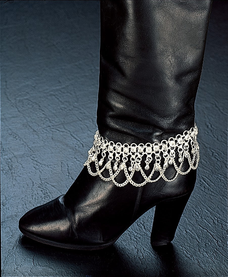 Vintage White Metal Boot Style Anklet with Bell Charms & Chain Links - Bold & Eye-catching Design