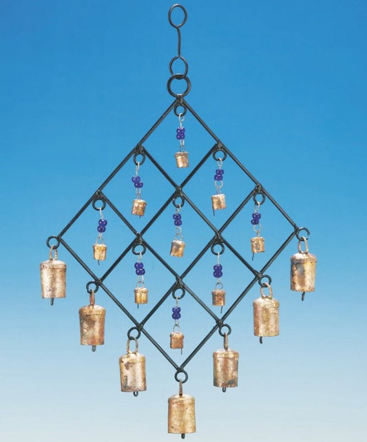 Iron Diamond Beaded Wind Chime with 9 Inner and 7 Outer Bells - 17.5 H