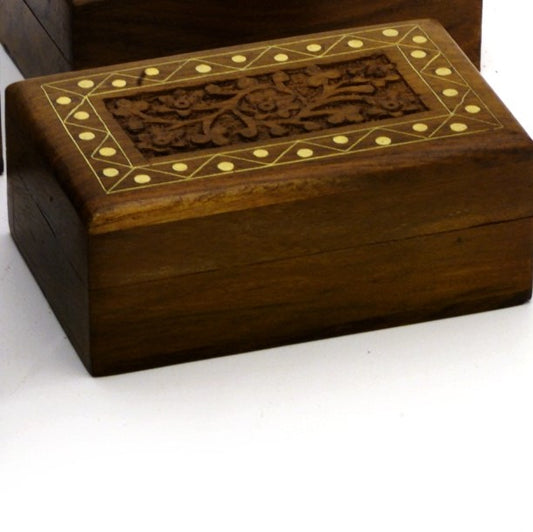 Carved Wood Box With Brass Inlay