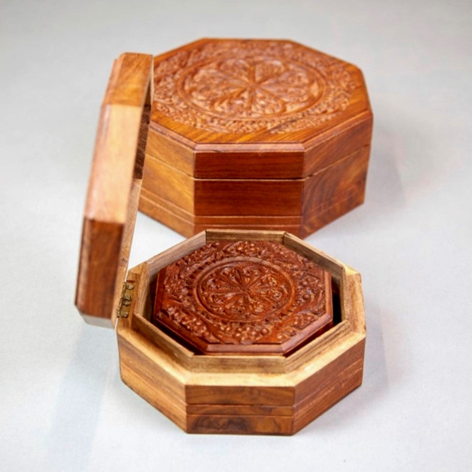 Hand Carved Eight Sided Wood Box (set of three)