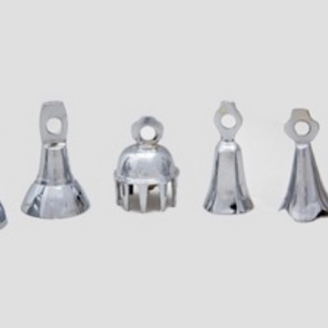 Bellbazaar 2.5" assorted nickel-plated bells. Set of six unique designs.  