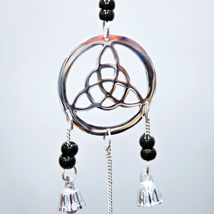 Chrome Plated Three Celtic Charm Bell & Bead Wind Chime