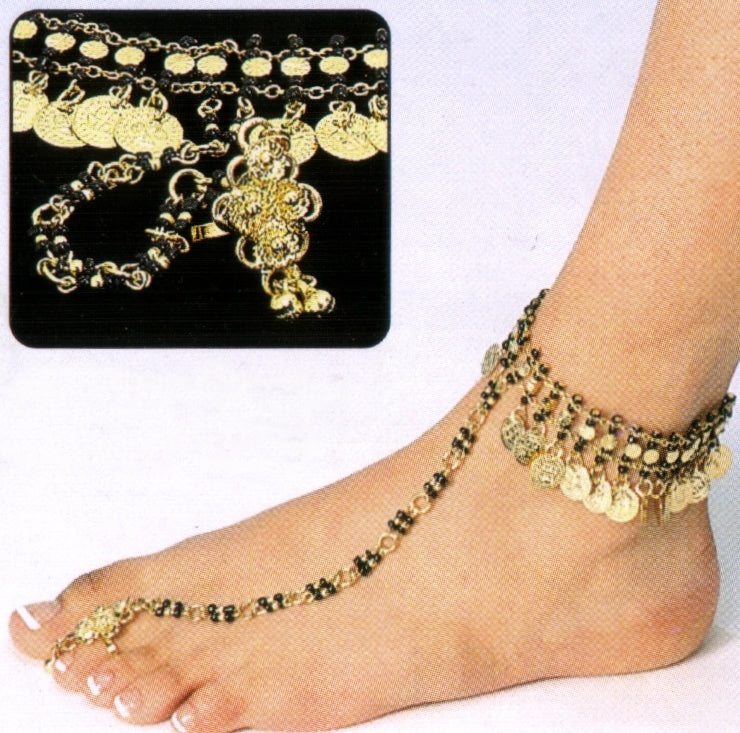 White Metal Foot Bracelet with Black Beads, Coin Charms & Single Ring - Unique & Chic Accessory