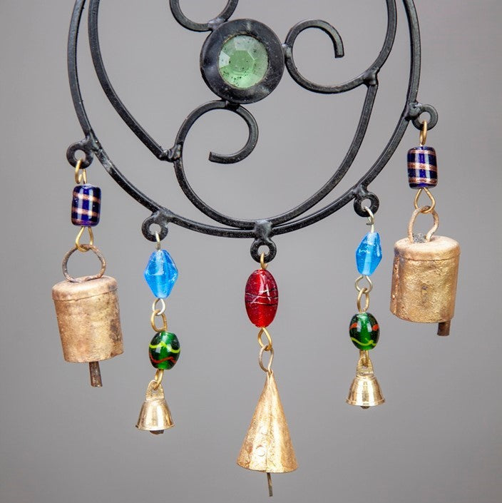 Iron Celtic Circle Chime with Glass Accents and Tin Bells