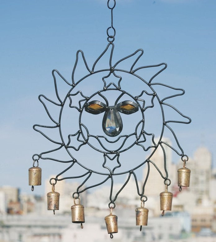 Iron Sun Wind Chime with Glass Accents and 7 Tin Bells